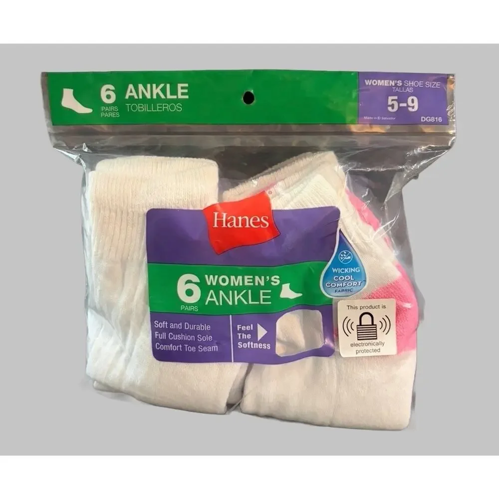 Hanes Womens Ankle Socks 6 Pair Size 5-9 White Cushioned Moisture Wicking NEW